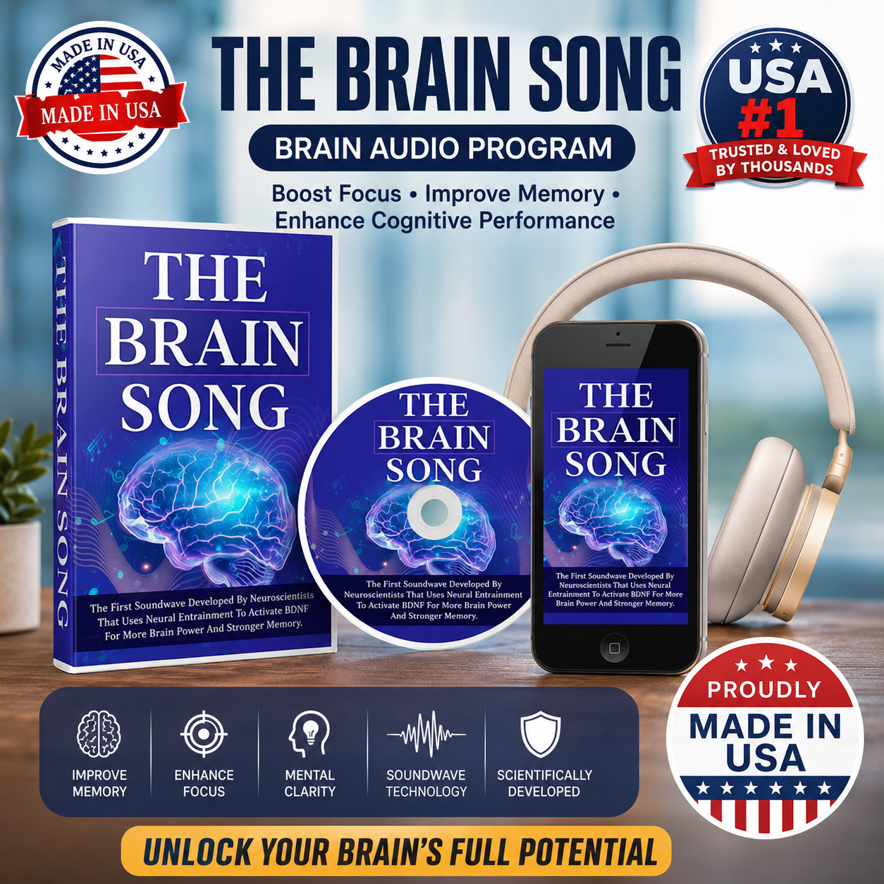 The Brain Song™ audio brain wellness program – book, CD, phone and headphones